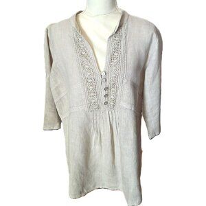 Relaxed Crochet-Trim Tunic Blouse in Light Beige